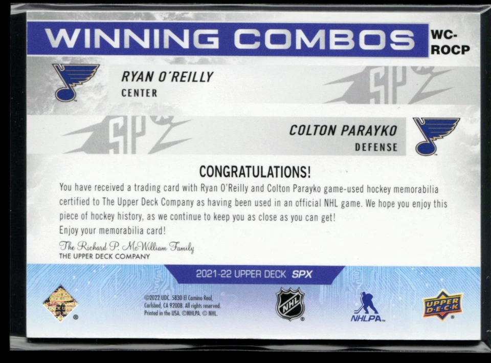 2021-22 SPx Winning Combos #WC-ROCP Ryan O'Reilly / Colton Parayko - Image 2 of 2