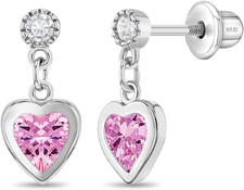 CZ Dangle Heart Kids Earrings - 925 Sterling Silver Hypoallergenic Earrings for