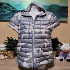 MY ANORAK Camo Puffer Hoodie Vest Lightweight duck Down Fill XL Short Sleeve