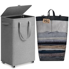 Laundry Basket with Wheels and Lid, 75L Rolling Laundry Hamper with Removable...