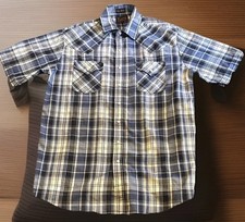 Plains Western Shirt LARGE TALL MAN Blue Plaid Short Sleeve Cowboy Pearl Snap