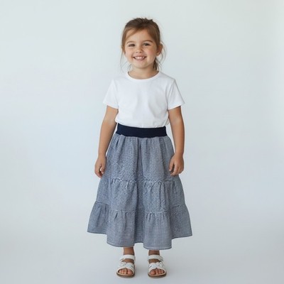 Skirt Girl 3 Maxi Navy Blue Gingham Checks Ruffle Tier Cotton Mom and Pop's Kids