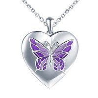 Damen Herz Foto Medaillon Halskette 925 Sterling Silber Herz Kette Schmetterl...
