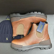 Polo Ralph Lauren Men’s Oslo 11721 Chelsea Boots 10.5D Brown+Navy Beanie Hat Set