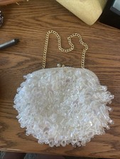 1950  s Hong Kong White Sequin, Glass  Plastic Tear Drop Beaded Evening Bag