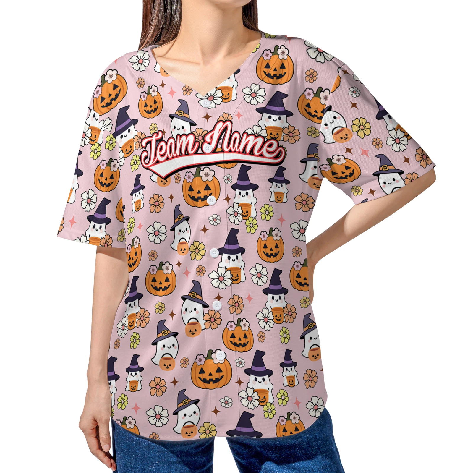 Personalized Cute Ghost Pumpkin Happy Halloween Floral Baseball Jersey Shirt