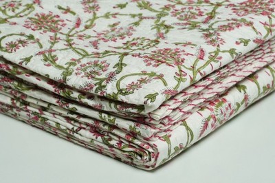 Red Green Floral Block Print Kantha Quilt Handmade Cotton Bedspread