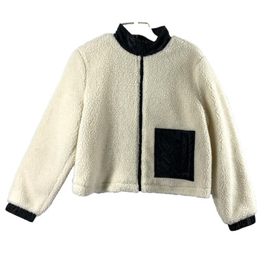 Juicy Couture Sherpa Jacket Womens Medium Ivory Black Trim Full Zip Coat Outdoor