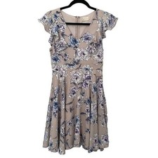 Floral Ruffle V Neck Fit Flare Dress Women Size S Beige Purple Blue