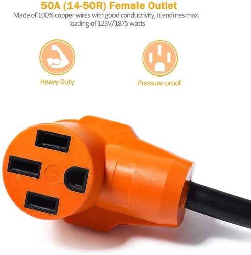 RV Electrical Adapter 12'' 15M/50F Heavy Duty Cord with Handle, 125V 1875W - Picture 3 of 5