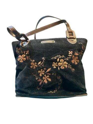Rare Guess Black Corduroy Purse With Floral Appliqué Shoulder Bag Brown - Picture 2 of 7