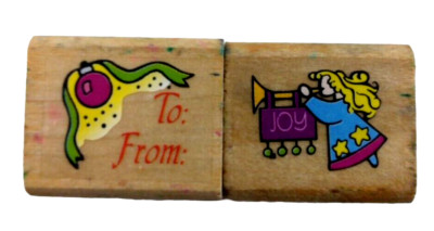 Noteworthy Christmas Gift Tag & Trumpet Angel Set of 2 Wood Mount Rubber Stamps
