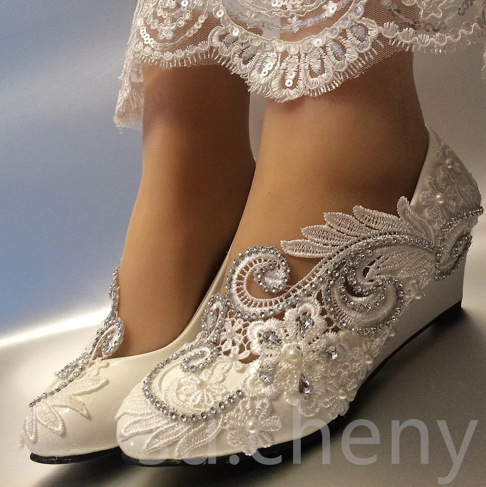 su.cheny White ivory wedge pearls lace crystal Wedding Bridal heels pumps shoes - Image 4 of 4