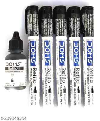 Doms White Board Markers - Pack of 5 Marker + Ink Bottle | Color : Black