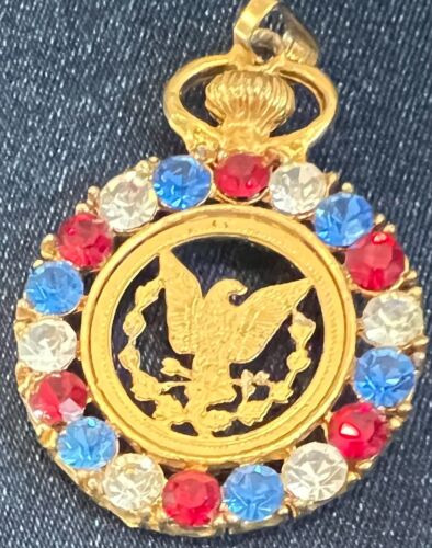 Vintage Patriotic Red Blue & Clear Rhinestone Eagle Pocket Watch Pendant - Picture 1 of 3