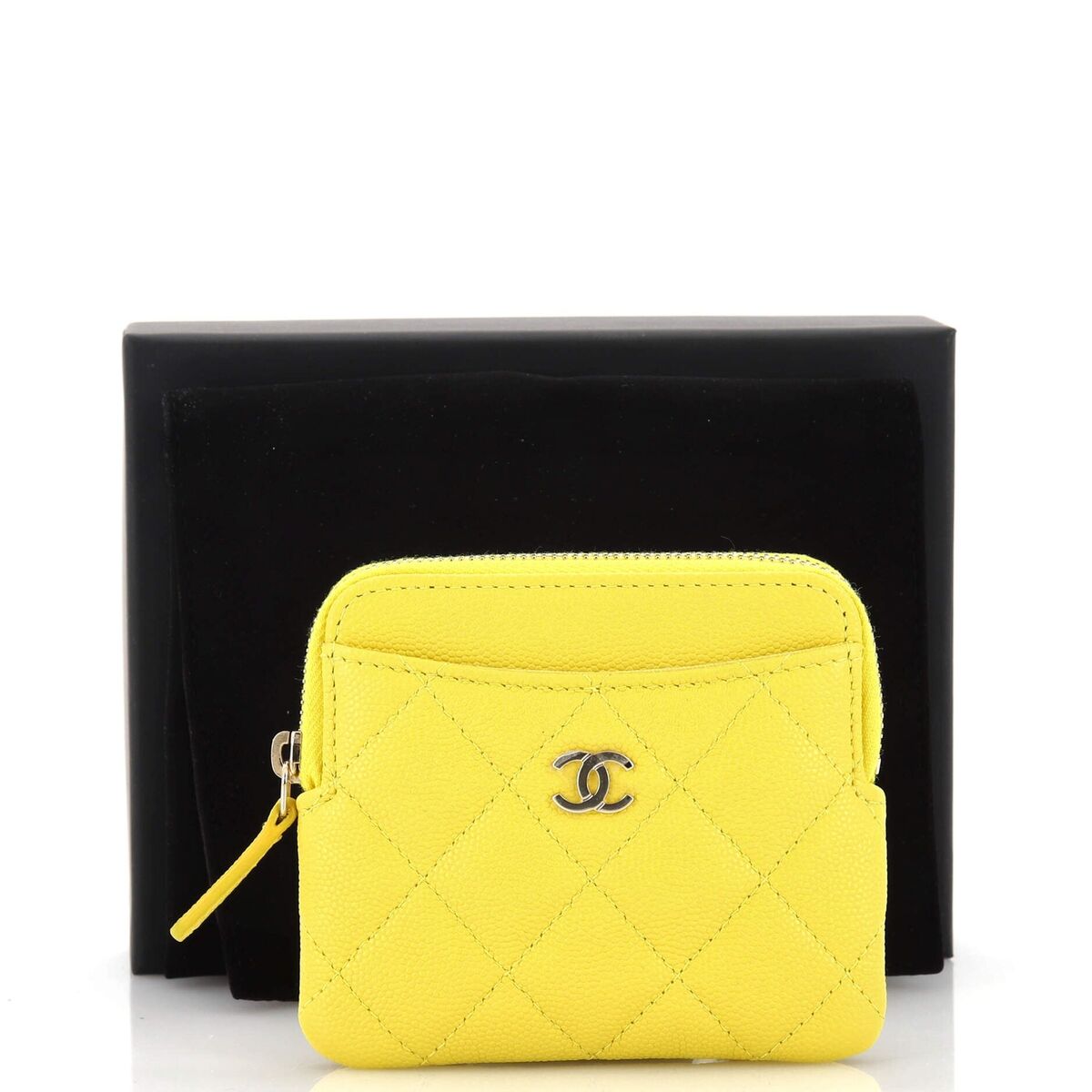 Chanel Square Zip Around Card Holder Wallet Quilted Caviar Yellow