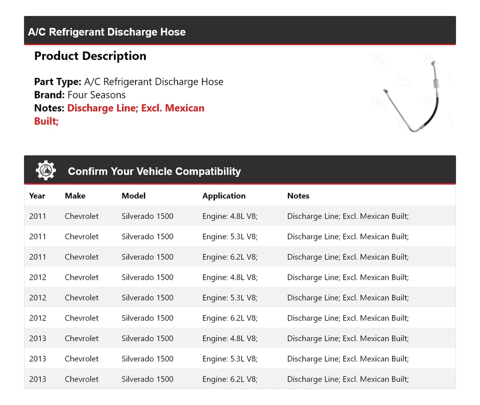 Manguera de descarga de refrigerante aire acondicionado Chevrolet Silverado 1500 2011-2013 4 estaciones Foto 2 de 4