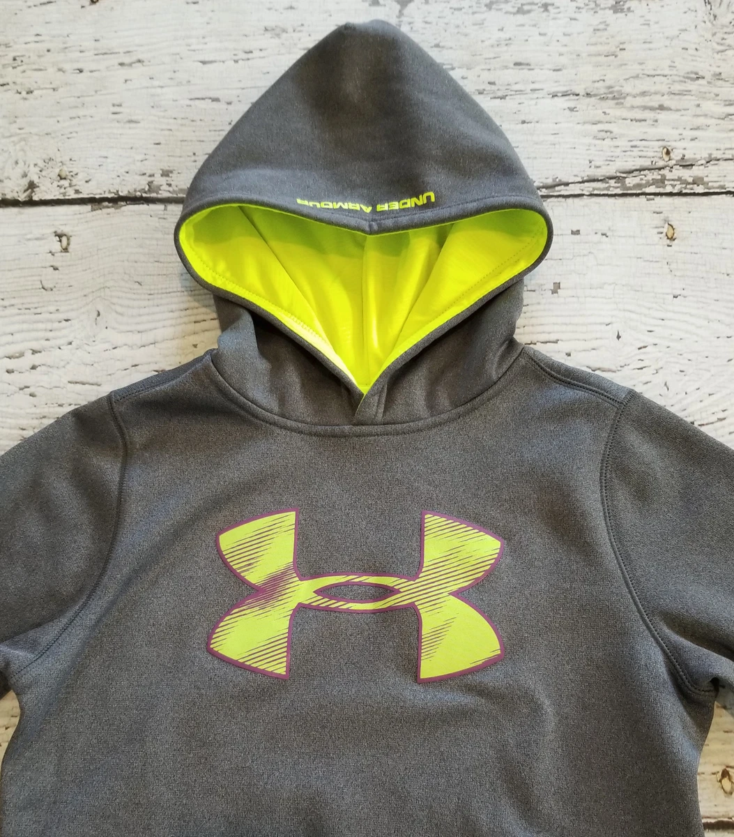 UNDER ARMOUR Youth Small YSM Boys Gray Neon Yellow Big Logo Hoodie EEEUC