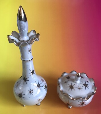 Vintage TILSO JAPAN Mid Century Modern TRINKET BOX & PERFUME BOTTLE VANITY SET