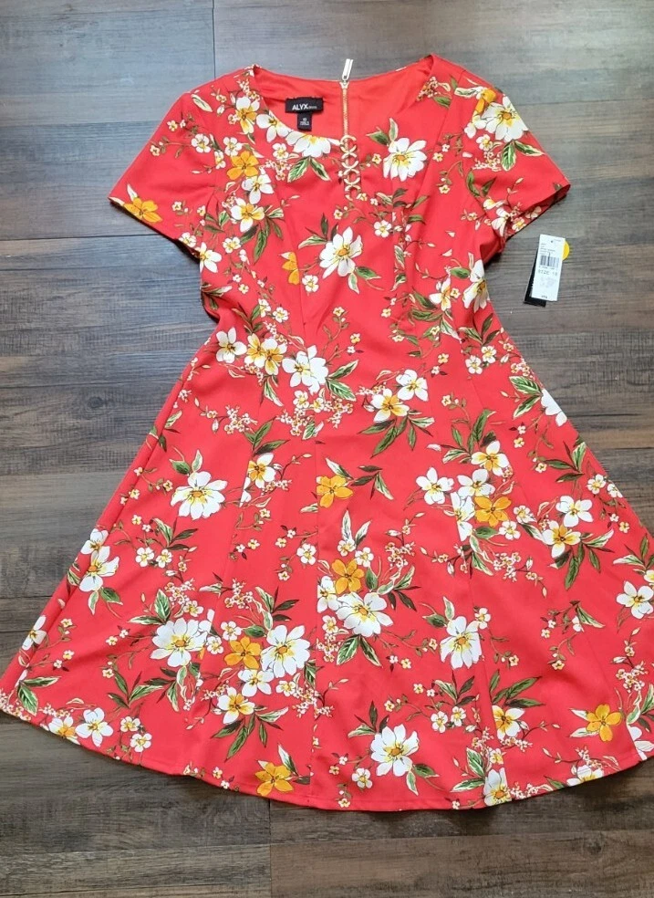 Abito donna Alyx rosso floreale elasticizzato zip posteriore taglia 10 nuovo con etichetta