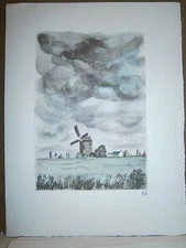 Windmill engraving by P. Valade Nord Moulin d'Ouarville (Eure et Loire)