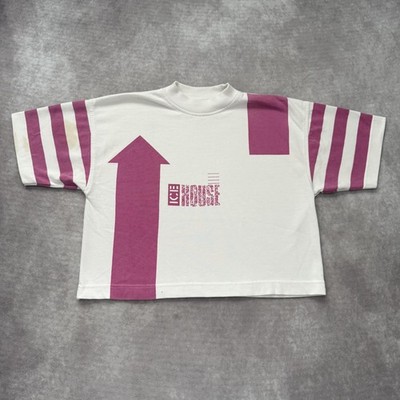 Vintage ICE HOUSE Shirt Womens Medium White Purple Arrow Striped Mock Neck 90s