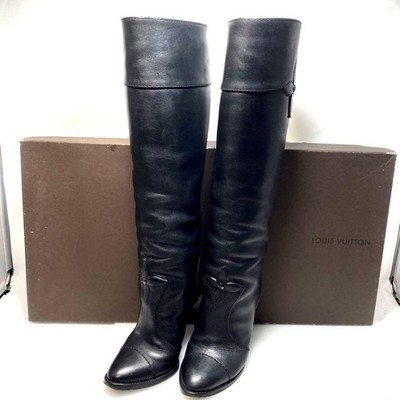 LOUIS VUITTON LV Flower Heel Leather Long Boots 34.5 Black Women