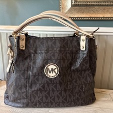 Michael Kors Brown MK Signature Tote Shoulder Bag Purse Cream Handles Large