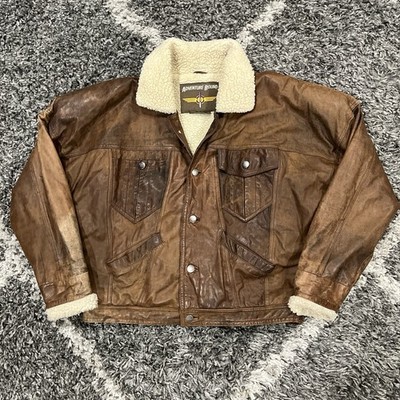 Adventure Bound Leather Bomber Jacket Brown Sherpa Collar Mens Size M