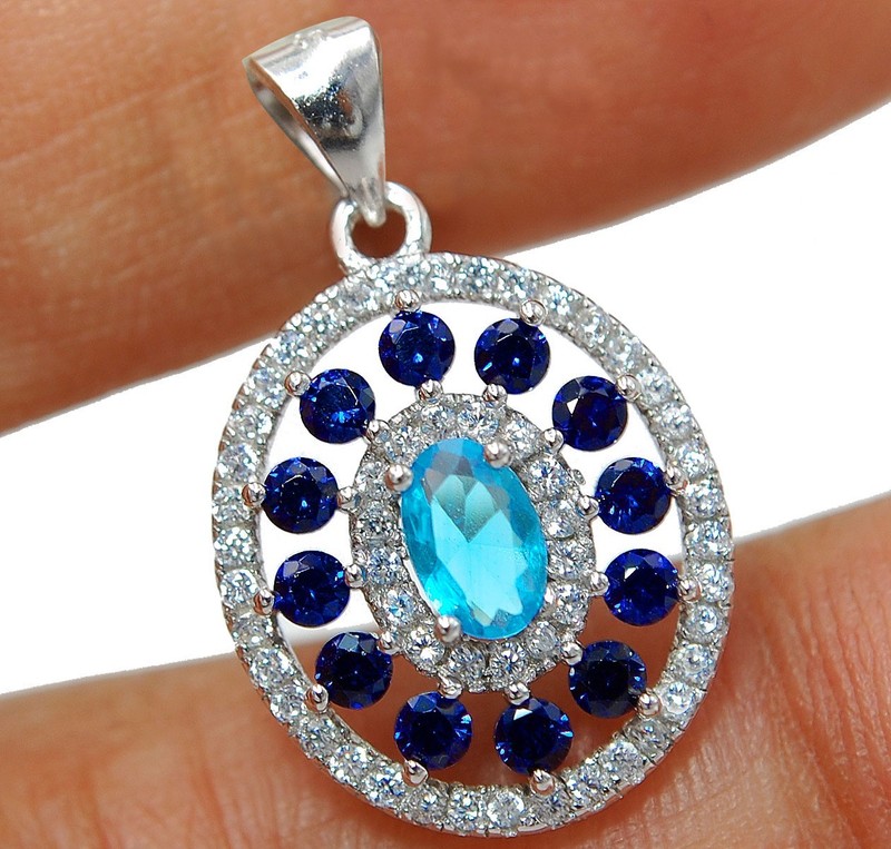 3CT Heat Treated Blue Topaz 925 Solid Sterling Silver Pendant LV4-8
