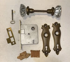 Antique Mortise Lock 12 Point Glass Door Knob Set With Skeleton Key NOS