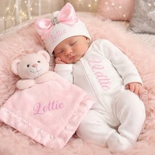 NEWBORN Baby Girl Clothes Outfit sleepsuit Hat pink  Comforter Set  Personalised