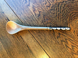 Vtg  African Kenyan Hand-Carved Olive Wood Stirring Spoon w Cow Horn Handle 15”