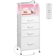Night Stand with Charger Station, White Nightstand with Light and 4 Storage D...