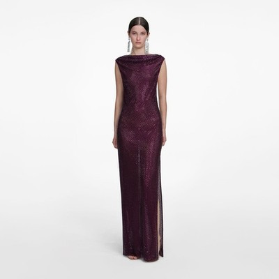 Self-Portrait BURGUNDY RHINESTONE DRAPE MAXI DRESS $1025 Size US 0 UK 4