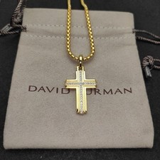 David Yurman 18K Yellow Gold Diamond Cross Pendant Necklace Cable Chain