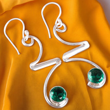 Lab-Created Emerald Green Gemstone 925 Sterling Silver Drop/Dangle Earrings BD