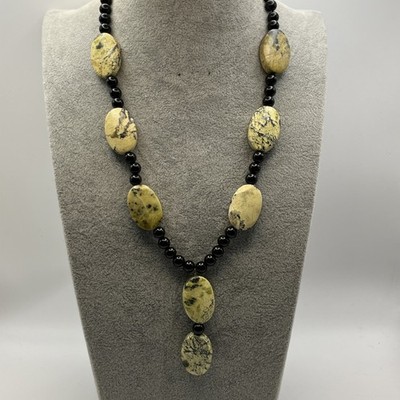 Vintage Chunky Serpentine Black Agate Stone Statement Necklace 14k GF Clasp GD
