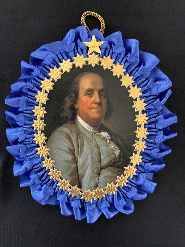 Antique Look Scrap  Ornament,  PATRIOTIC,  B.  FRANKLIN,  Blue Ribbon   Handmade