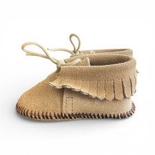 Vintage Newborn Baby Leather Fringe Moccasins Unisex With Tie, Foot Sole 4.25  