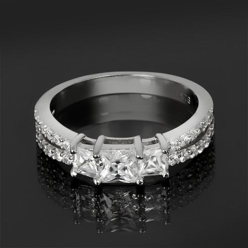 0.75 CT Carat 3 Stone Princess Cut Double Band Engagement Promise Ring Silver - Picture 2 of 4