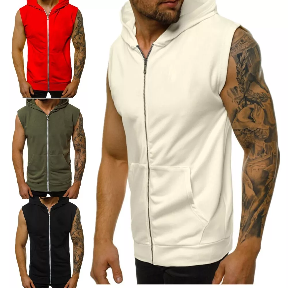 Men s Sleeveless Workout Hoodies Zip Up Tank Top Gym Bodybuilding Hooded Shirts