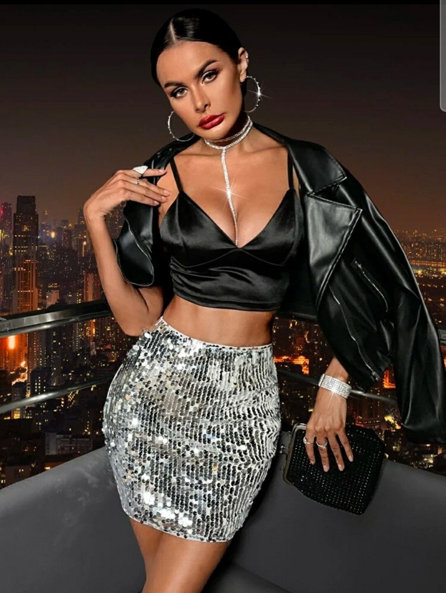 NEW SHEIN BAE Mini Sequin Party Siver Shiny Cocktail Club Bodycon