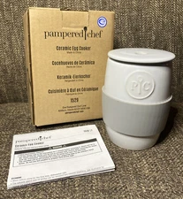 Pampered Chef Ceramic Egg Cooker #1529 White Gray Gripper NEW in Box