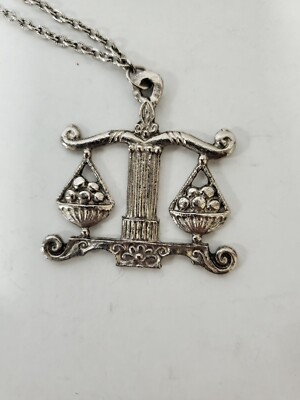 Libra Zodaic Sign Pendants Necklace Silver Tone Unique Piece Scales 24'' Ch 26'' T
