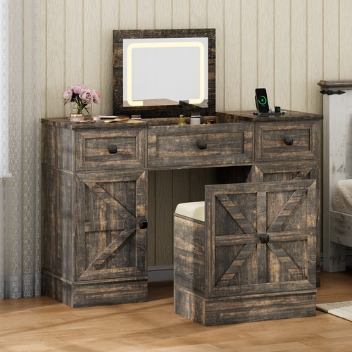 Vanity Desk with Flip Top Mirror and Lights, Makeup Table with 2 Drawers & Stool - Picture 11 of 19