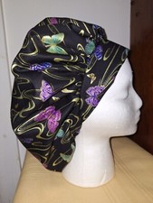 Purple Teal Butterflies Black Medical Surgical Bouffant Scrub Hat SIZE Small