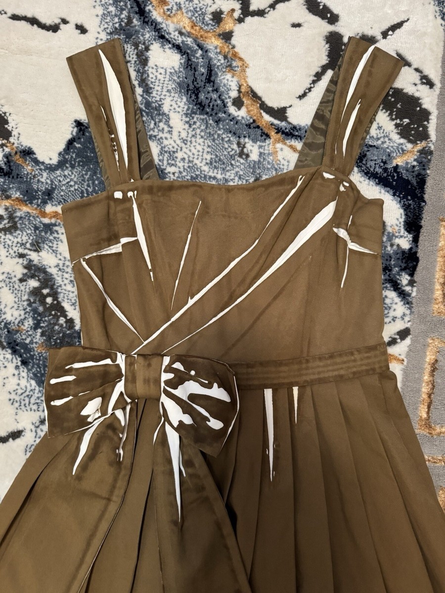 prada brown dress A-line Bow 2018 Collection 40 IT 100% Fleece Wool women dresses 2026 Vintage 1980s 90s Blue Color:Navy with Yellow/Red/White Stripes