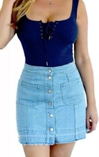 Vintage Lt Blue Denim A-line Button Down Jean Mini skirt Western CowGirl Y2K