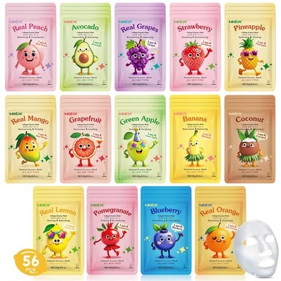 56 Pack Fruit Collagen Face Masks Skincare for Teens Girls, Sheet Face Mask S...